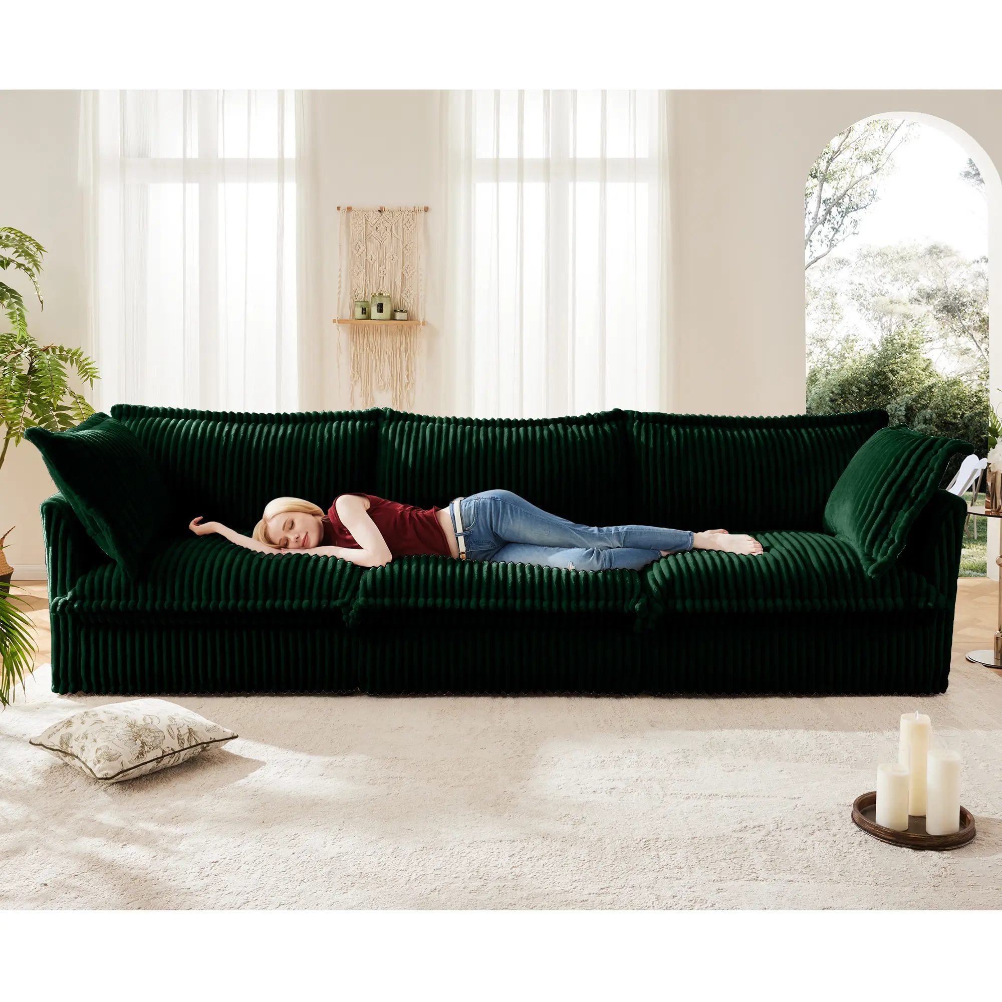 Modern 3 Seater Slipcovered Sofa Couch with Suppleness Armrests Deep Seat Comfy Couch with Multiple Big Pillows Corduroy Fabric Living Room Apartment Furniture Green, Living Room Furniture for Apartment, Lounge, Family Room, Sofa Couch Seating