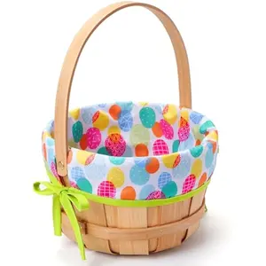 Easter Wooden Basket with Liner, Portable Wood Buckets with Folding Handle, Easter Eggs Candies Party Favor Storage Container, Empty Gift Basket for Egg Hunt, Kids Party Treats & Picnic