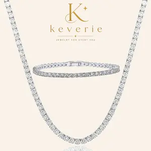 【Set】14K Gold Plated Tennis Necklace & Bracelet Set for Women, 4mm CZ Diamond Chain Jewelry Set, Sparkling Dainty Matching Set, 15" & 18" Necklace, 6.5" 7" 7.5" Bracelet, Secure Clasp