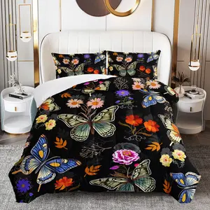 3pcs Butterfly Floral Comforter Set, Elegant Duvet Set for Girls and Adults Bedroom or Guest Room Decor, Lightweight Soft All Seasons Comforter Machine Washable Microfiber Quilt with 2 Pillowcases , Gifts for the Family