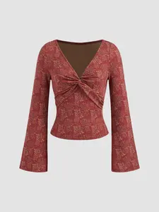 Cider [size 2-26] V-neck Floral Twist Long Sleeve Top