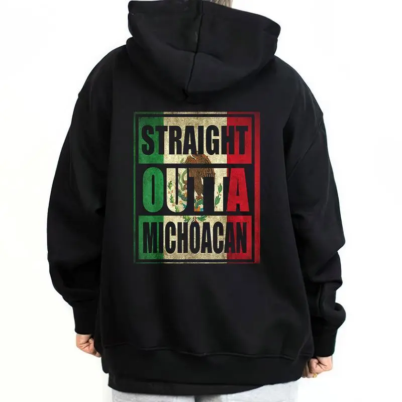 Men's Straight Outta Michoacan Graphic Hoodie - Oversized Heavyweight Loose-Fit Cotton-Polyester Fabric Tops, Long Sleeve Pullover, Unisex Thanksgiving Sweatshirt, S-5XL
