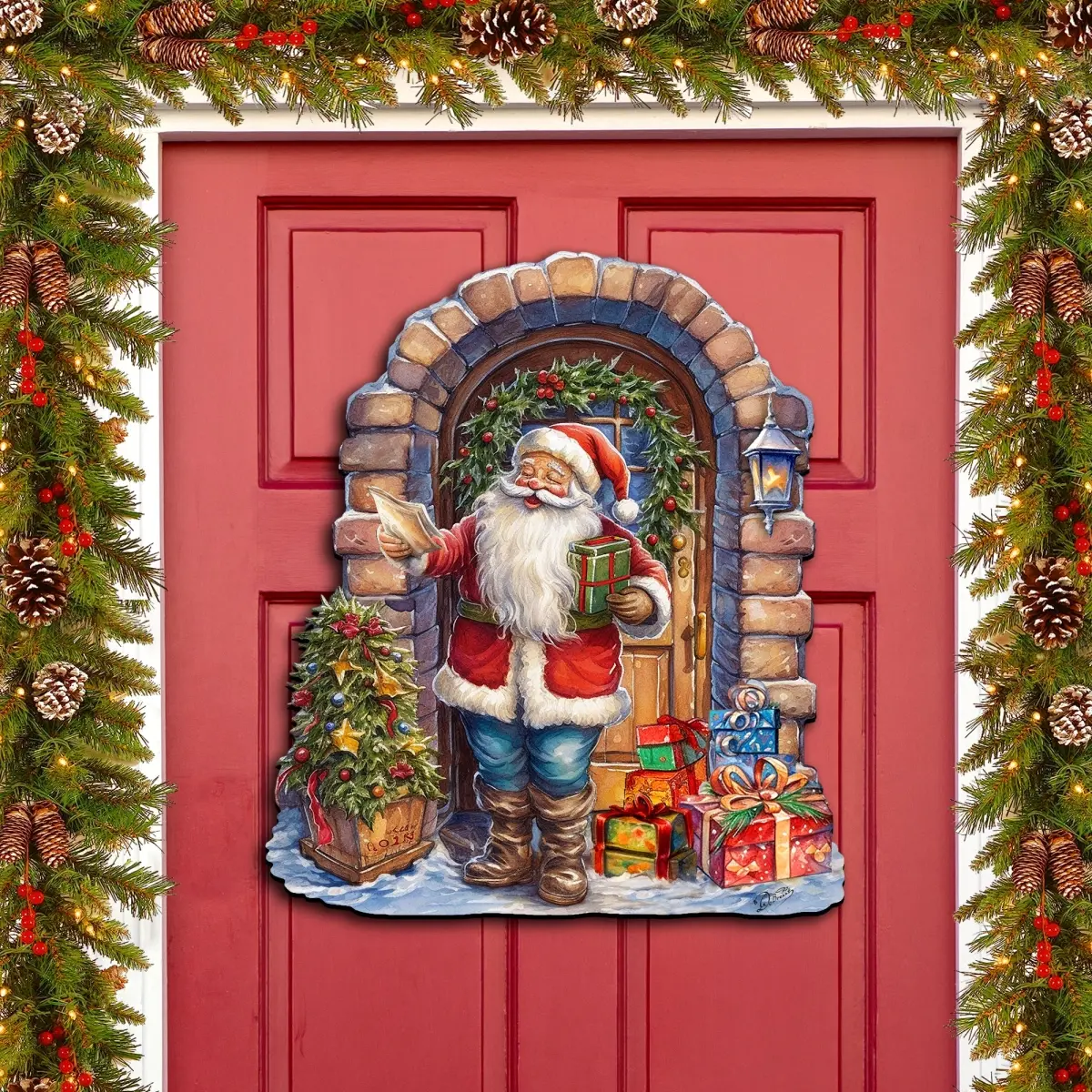 Designocracy 8611045H Artistic Wooden Colorful 24x18 in. Santa's Surprise Visit Holiday Door Decoration, Festive Christmas Santa Snowman Gift for Home