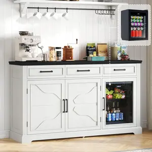 [Memorialday][Ships in 2 Boxes] AMERLIFE 60" Farmhouse Coffee Bar Cabinet with Beverage Fridge (Included), Wine Bar Cabinet with Drawer Storage, Mini Fridge Cabinet, Sideboard Cabinet for Dining Room, Living Room Kitchen Pantry White Furniture
