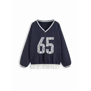 Cider  65 Cotton-blend V-neck Long Sleeve Contrasting Lace Oversized Sweatshirt
