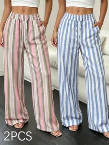Trendy Striped High-Waisted Drawstring Wide-Leg Pants, Lightweight Linen Blend Casual Trousers for Women, Comfortable Loose Fit Long Pants, Casual Fashion Bottoms, Adjustable