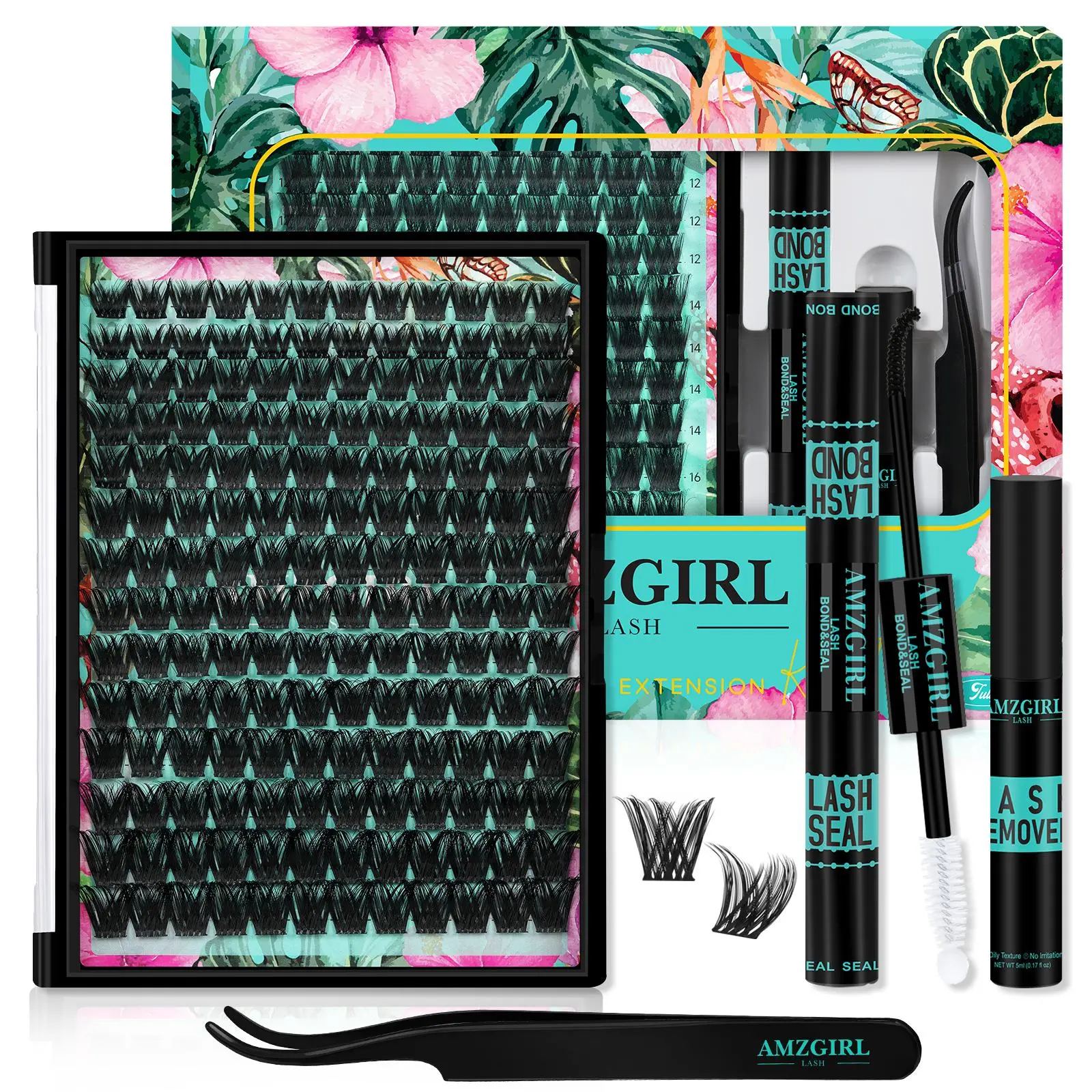 AMZGIRL LASH Tulip 168Pcs  Waterproof DIY Individual Lashes Clusters Kit with Long-lasting Lash Bond Seal Tweezers Remover D curl 10-18mm Beginners Friendly Fluffy Must-have Cosmetic Lightweight  Makeup Eyelash Glue Extension Eyelash Falsie
