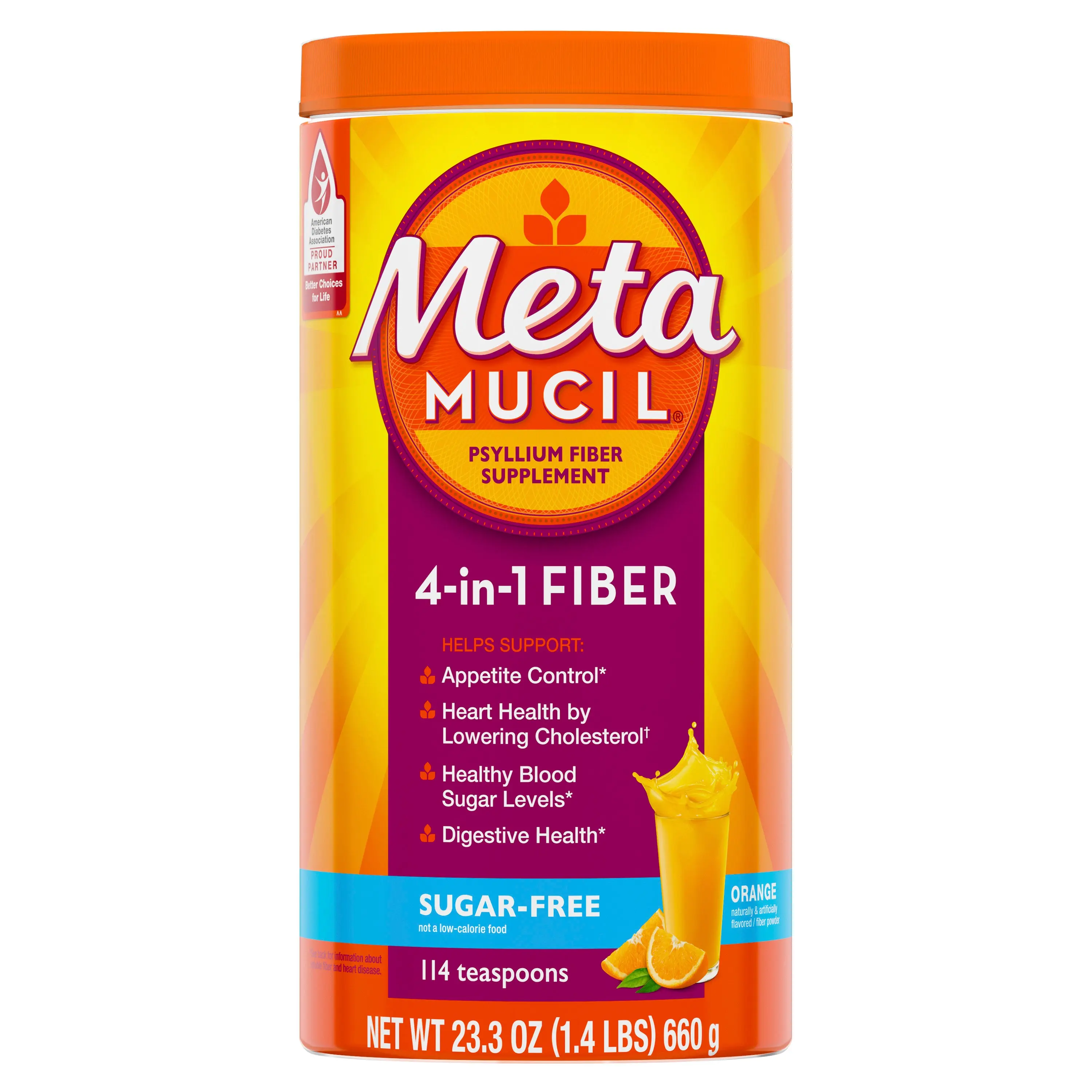 Metamucil 4-in-1 Psyllium Husk Fiber Supplement, Sugar-Free, 114 teaspoons, Orange Flavored,  Daily Fiber Powder for Digestive Health, GLP-1 Friendly Fiber>