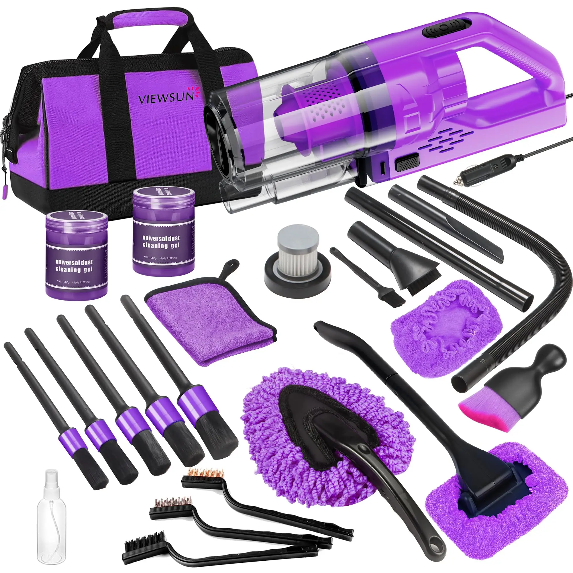 Viewsun 18pcs Car Cleaning Kit, Purple Car Interior Detailing Kit with High Power Handheld Vacuum, Detailing Brush Set, Windshield Cleaner, Cleaning G