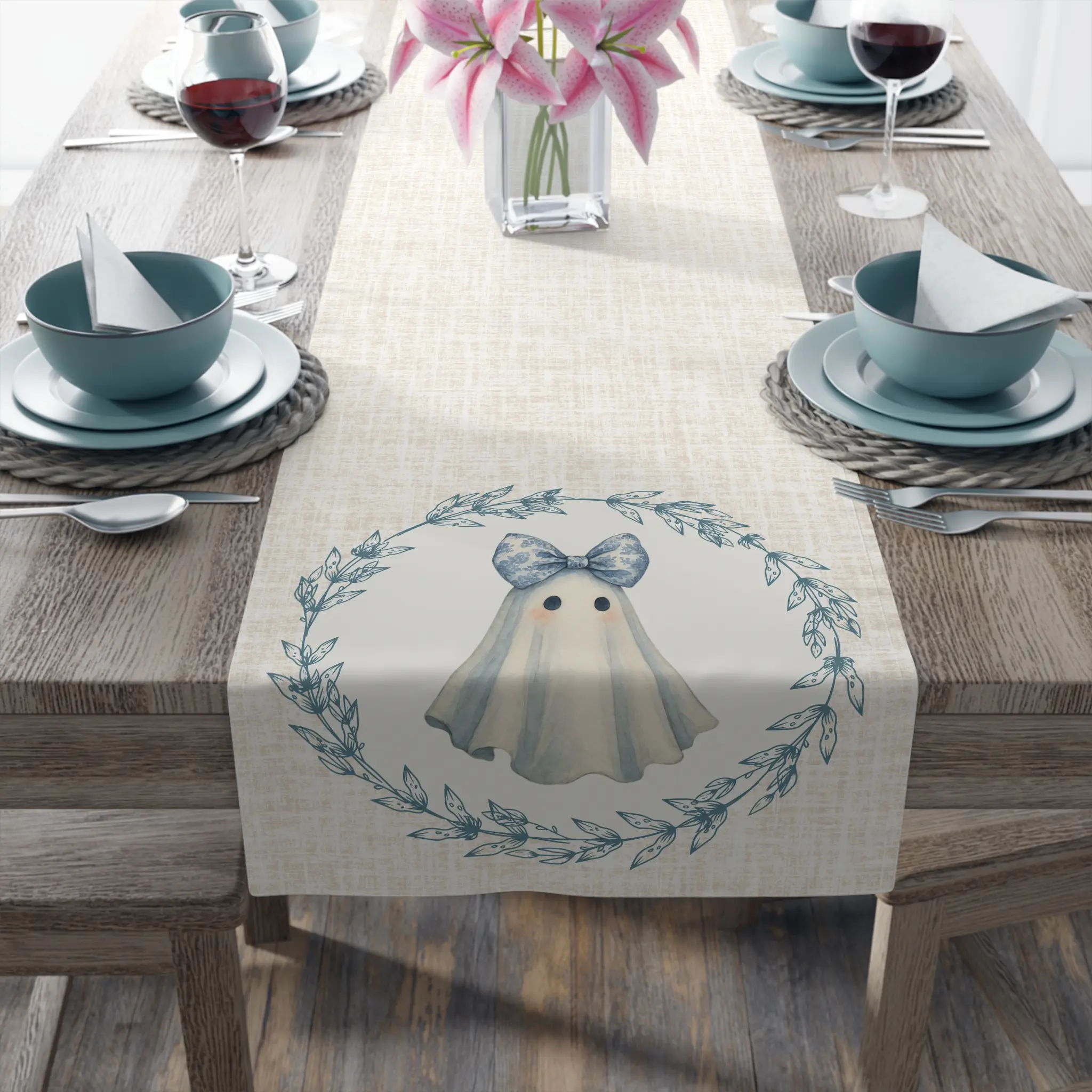 Cotton Table Runner with Ghost Girl and Chinoiserie Toile Bow, Grandmillennial Cottagecore Home Decor - Dining Kitchen, Halloween
