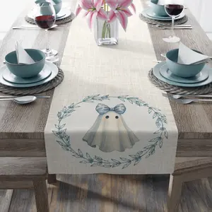 Cotton Table Runner with Ghost Girl and Chinoiserie Toile Bow, Grandmillennial Cottagecore Home Decor - Dining Kitchen, Halloween