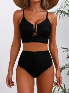 Thin-Strapped Pleated Two-Piece Swimsuit, Summer Pool Gold U-Buckle High-Waisted Swim Trunks Set