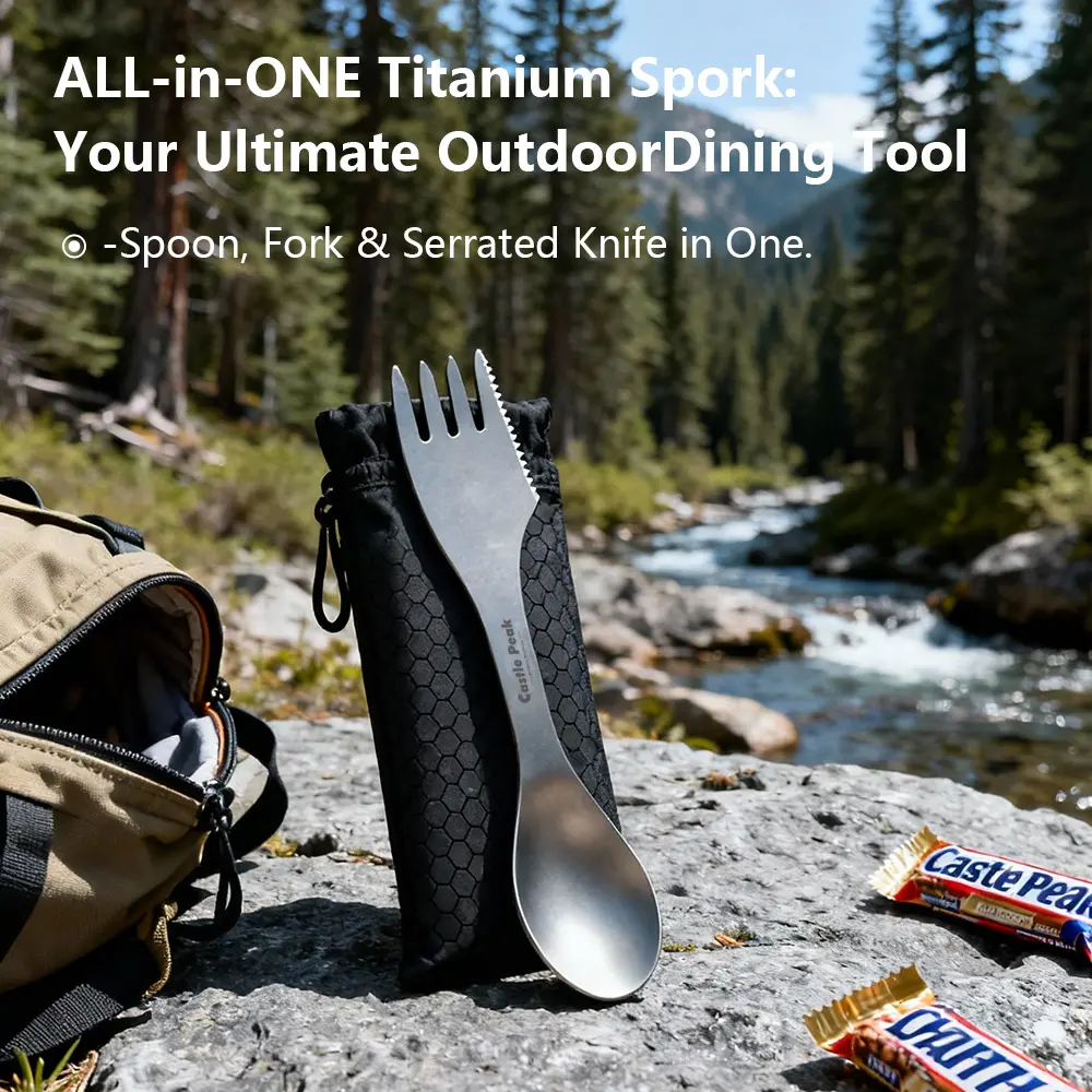 Castle Peak Titanium Camping Utensil Set - 3-Piece Sturdy, Corrosion-Resistant Cutlery, Portable Outdoor Combo Mess Kits for Camping, Hiking/Light Outdoor, Easy-Clean Compact Design
