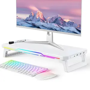 RGB Monitor Stand with USB Hub, Desk Organizer Riser for 27” PC & iMac, Monitor & Keyboard Stand, USB-C and USB 3.0 Ports, LED RGB Light Desktop Storage Shelf, Computer Screen Riser for Home Office Desk Setup