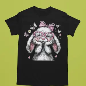Preppy Bunny Cute Design T-Shirt with Heart Glasses and bow