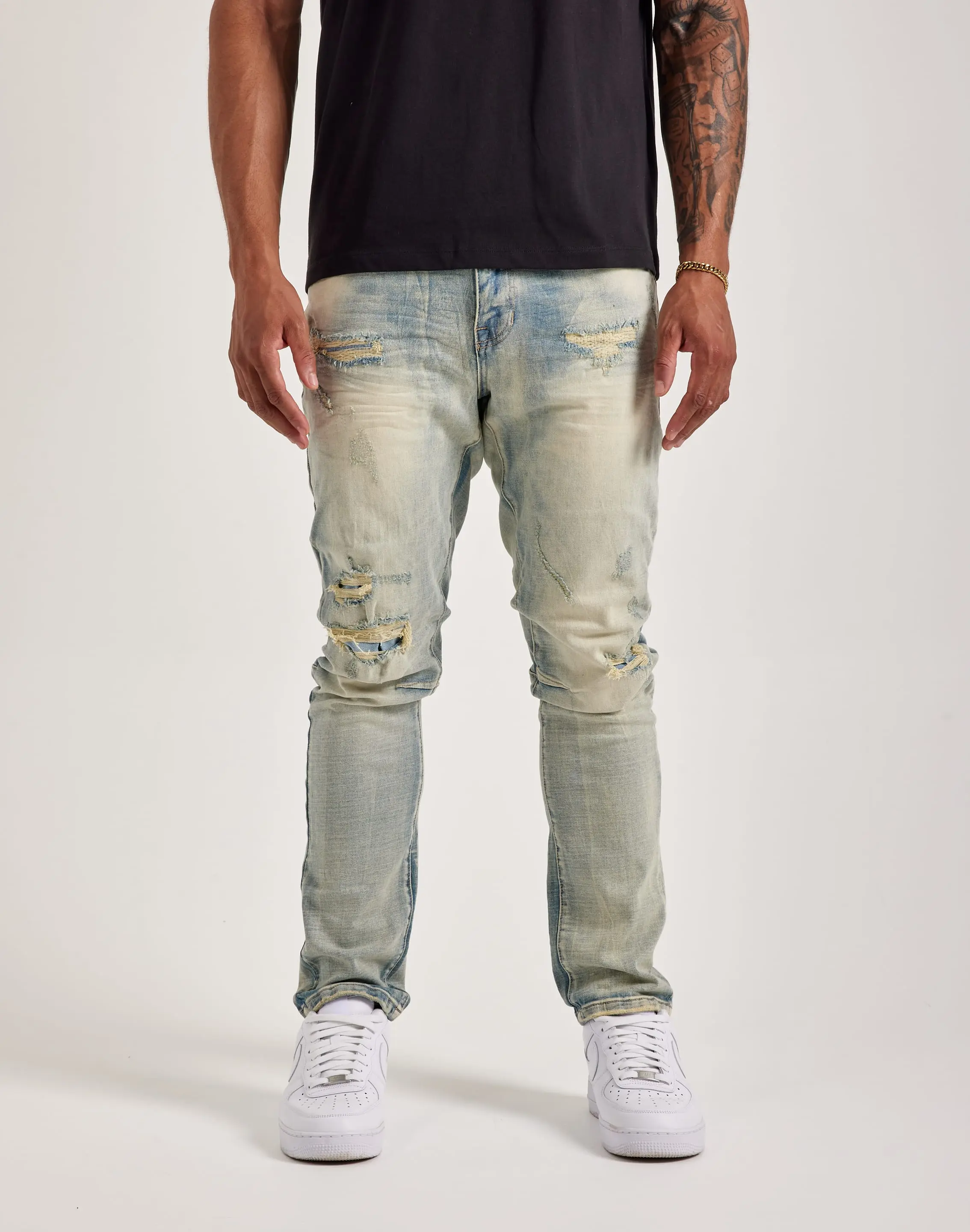 Mens Smoke Rise Vintage Wash Distressed Slim Denim Jeans