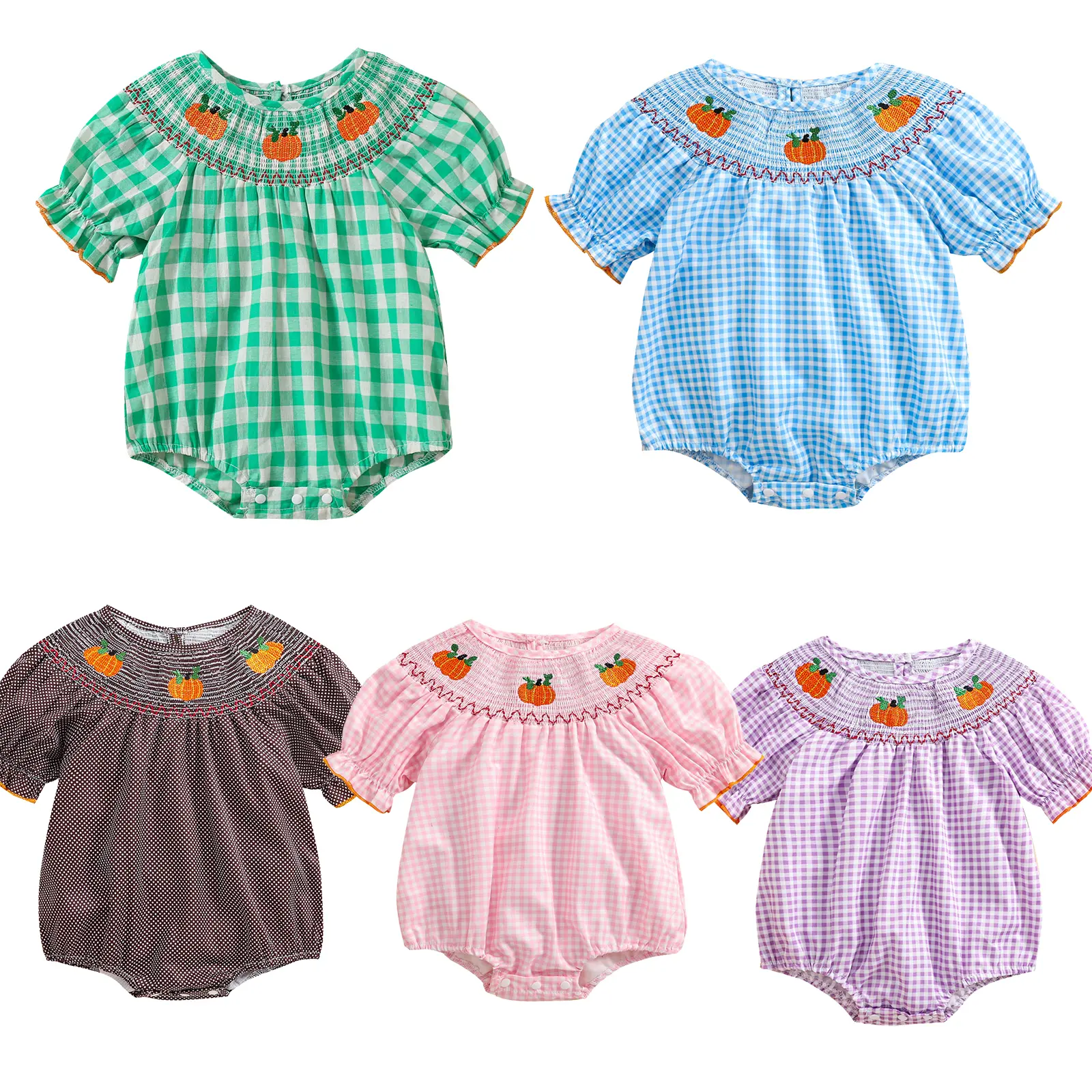 FOCUSNORM Newborn Baby Girl Halloween Outfit Pumpkin Print Plaid Puff Sleeve Smocked Bubble Romper Jumpsuit Bodysuit Clothes