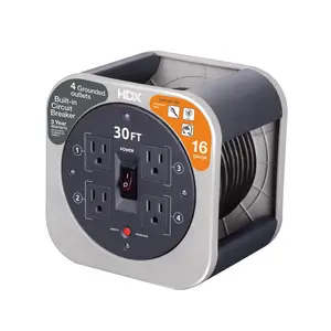 30 ft. 16/3 Extension Cord Reel with 4 Grounded Outlets and Surge Protector in Gray Connection