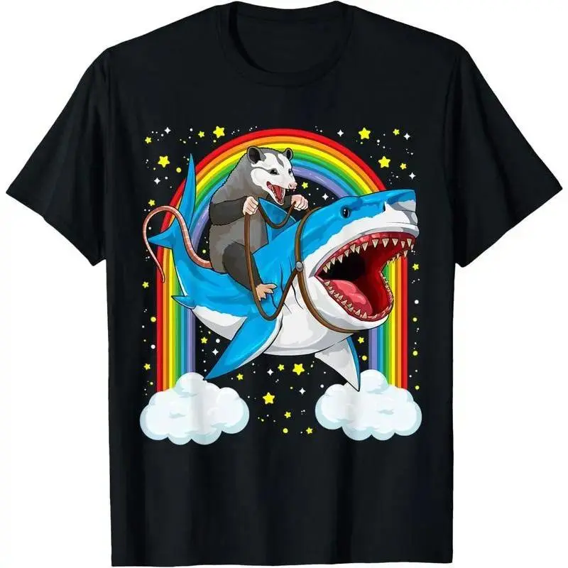 Unisex Funny Opossum Riding Shark Possum Trash Marsupial Mashup T-Shirt Casual Graphic Printed Vintage Tshirt