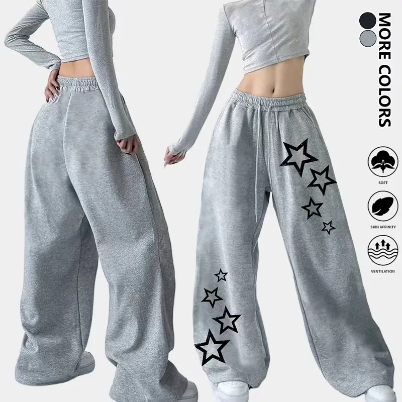 Life keeps moving — women’s fashion athletic long pants with embroidered star pattern, elastic waistband and drawstring, suitable for spring/autumn outdoor leisure and everyday wear.