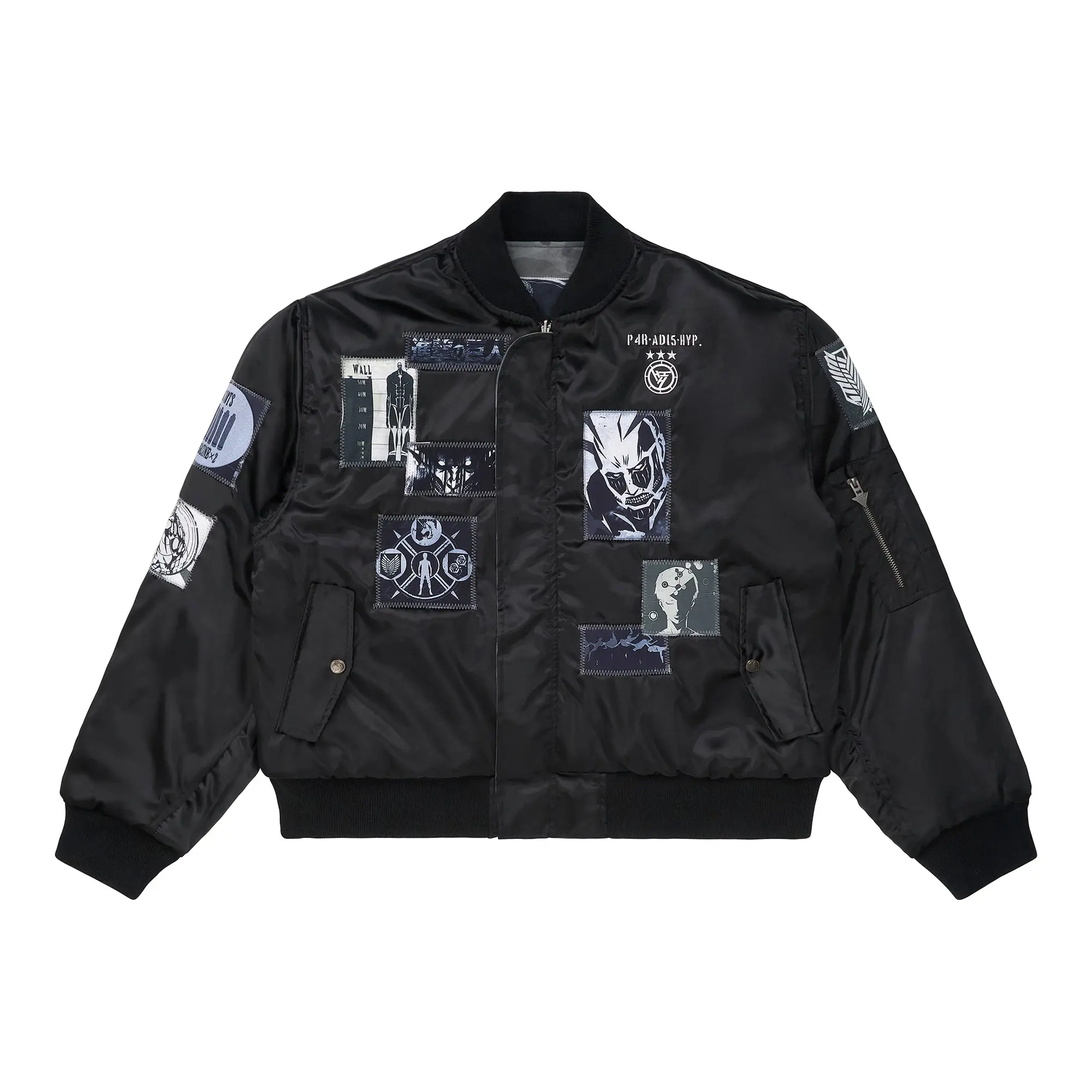 Men's Officially Licensed Attack on Titan Reversible Bomber Jacket - Cotton Camo & Black Satin Shell with Embroidery, Menswear Outerwear Top