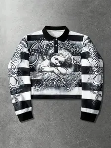 Aesthetic Cyber-Y2K Striped Polo Collar Graphic Sweatshirts - Trendy Airbrush Cherub & Cross Print Long Sleeve Shirt - Loose Fit Casual Grunge Streetwear Essential Tops for Autumn/Winter Wardrobe