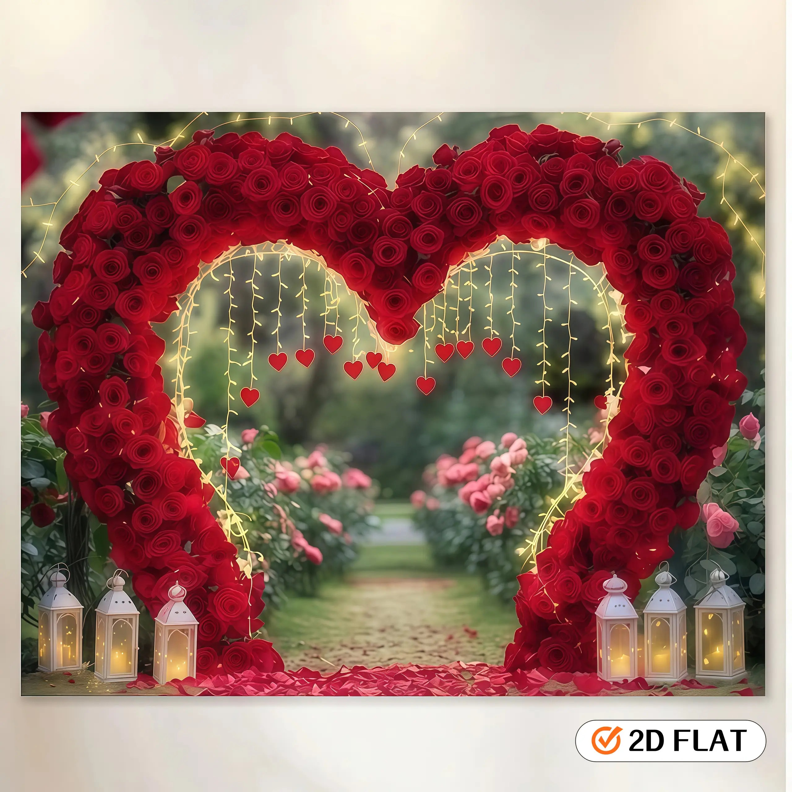 Romantic Red Rose Arch Party Banner - 1-Piece 2D Flat Heart-Shaped Polyester Photo Backdrop with Fairy Lights, Lanterns, Room Decor, Happy Birthday, Floral Decorations Festive Backdrops & Banners, Fairy Light Glow, Red Rose Arch Look Supplies/Gifts