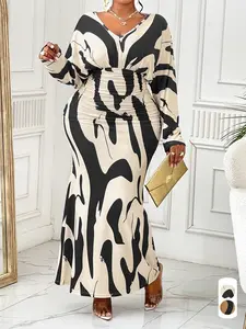 Autumn Elegant Sexy Women's Geometric Print Dress, Plus Size Deep V Neck Batwing Sleeve Slim Fit Long Dress for Fall Season