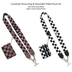 Women’s plaid minimalist small wallet/key pouch with detachable wide shoulder strap, crossbody design, portable phone lanyard