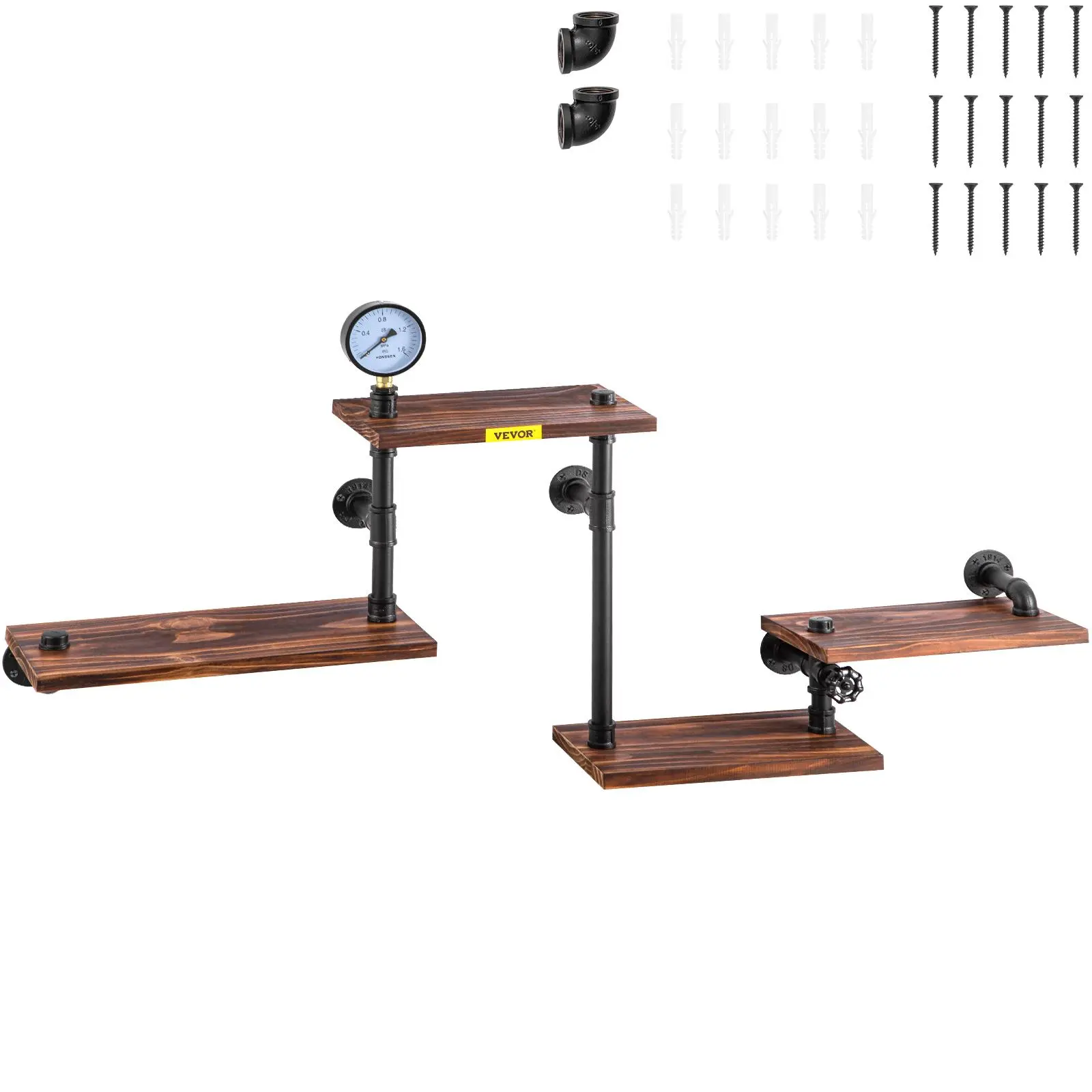 VEVOR Industrial Wall-Mount Metal Pipe Shelves, 4-Tier Wooden Plank Load-Bearing Unit, Rustic Farmhouse Decor, 51x25x9in Bookshelf Storage for Kitchen, Coffee Shop, Office (Father's Day Gift)