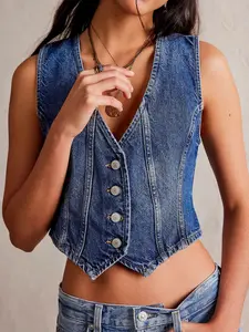 2026 Hot Selling Women's Plain Denim Vest, Casual Sleeveless Vest for Summer, Ladies Clothes for Daily Wear, Minimalist Fitted Vest-Cropped Y2K Denim Vest for Womens Womenswear