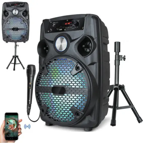 DAZONE 8" Wireless Rechargeable LED Light Bluetooth Speaker - Portable PA Karaoke System with Stand, Microphone, FM Radio, 3.5mm Jack, 2 Hours Playtime, Speakers Audio Kit for Music Setup