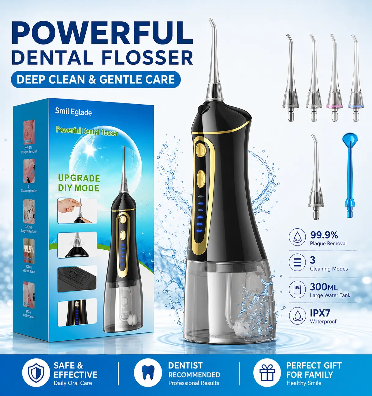 Water Dental Pik Flosser,Water Rechargeable Picks for Teeth Cleaning IPX7 Oral Irrigator Waterproof for Home Travel 7 Levels Portable