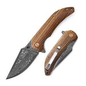 KLAKEN J337 RAVENOR, Damascus Steel EDC Pocket Outdoor Camping Folding Knife With Zebra Wood Handle Survival Tools Survival Gear