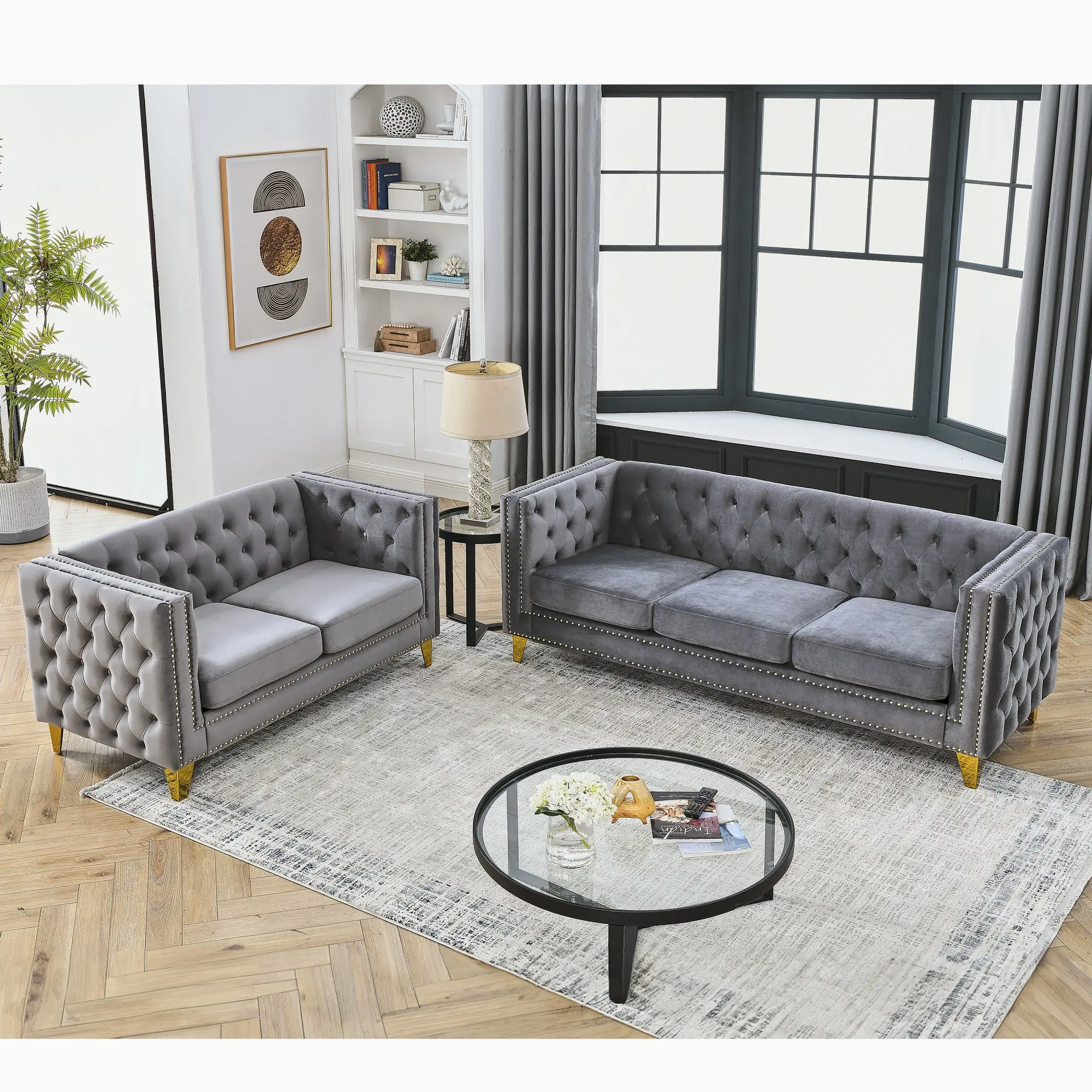 Chesterfield Sofa Set of 2, Velvet Sofa Couch Set for Living Room, Button Tufted 3 Seater Sofa and 2 Seater Loveseat Couch,Modern Upholstered Sofas with Nailhead Trims,Golden Metal Legs for Bedroom