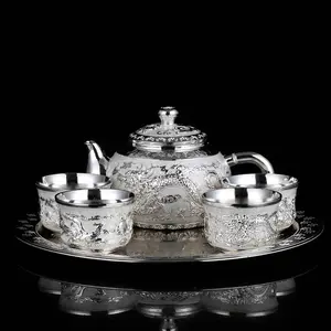 High-end tea set, handcrafted silver-plated teapot set, dragon and phoenix silver-plated tea and wine ware set