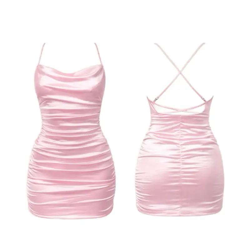 Princess Baddie Light Pink Mini Going Out Dress Spaghetti Strap Backless Crisscross Bottom Ruched Design