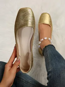 Women's Fashionable Metallic Textured Square Toe Flat Shoes, Casual Comfortable Solid Color Loafers Shoes for Daily Wear, Lightweight Breathable Shoes for Women & Girls
