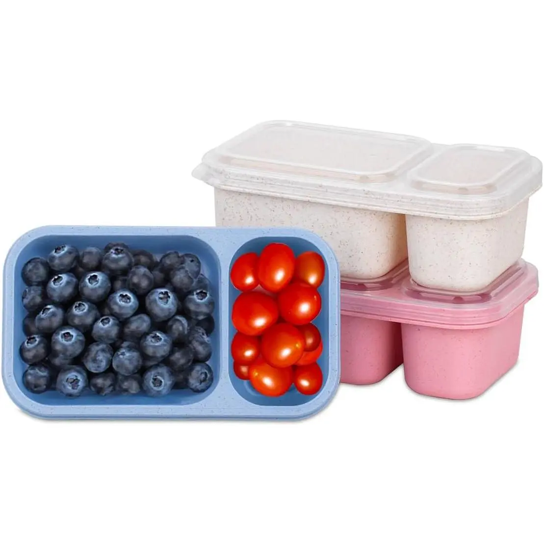 3 Pack 2-Compartment Reusable Snack Containers with Lids, Wheat Straw Reusable Snack Packs for Food Storage Meal Prep On-the-Go Snacking
