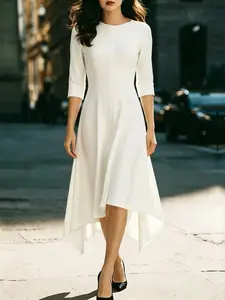 Elegant 3/4 Sleeve Midi Dress, Asymmetrical Hem, Structured Cut, Perfect for Office and Various Events, Women's Fashion