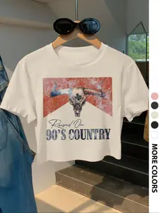 Women's Bull Head Print Round Neck Crop Tee, Casual Short Sleeve Crew Neck T-shirt Fitted Fit for Daily Wear, Ladies Summer, Top Womenswear