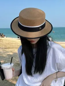 Neutral Flat Top British Sunhat with M Mark, Elegant Daily Wear, Beach Vacation, Casual Loose-Fitting Straw Hat, Plain Letter Pattern, High Quality Hat