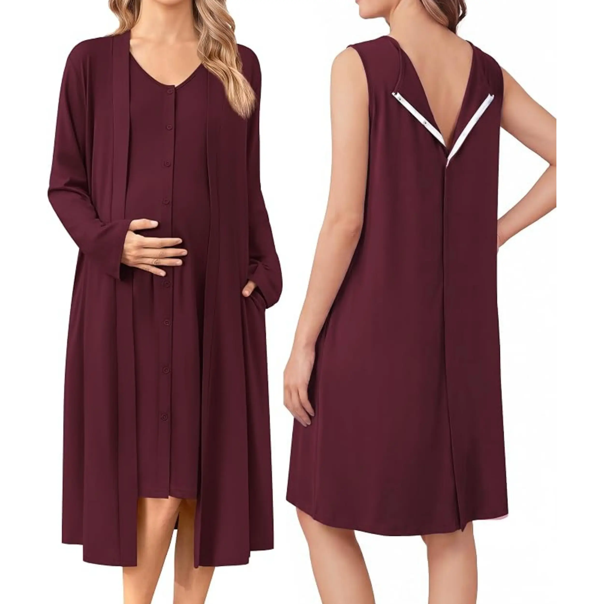 Ekouaer Labor and Delivery Gown and Robe Set for Hospital Nursing Nightgown | Open Back Maternity Nursing Dress, Breastfeeding, Postpartum Clothes, Button Closures, C-section Labor Gowns