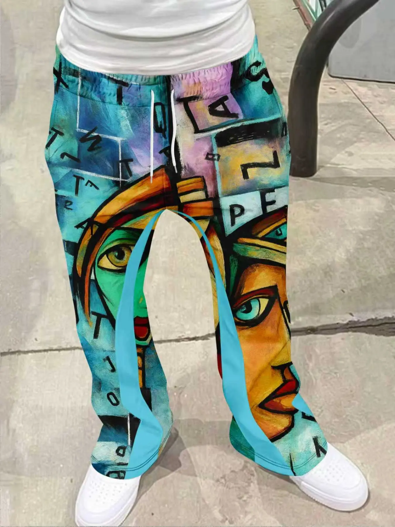 Men's Loose Fit 3D Print Geometric Bell Bottom Pants, Casual Sporty Athletic Streetwear, Hip Hop Punk Vintage Long Pants, All Seasons Trousers