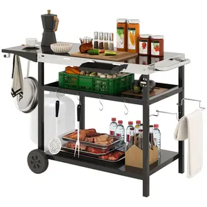 [Bellemave] Outdoor Bar Cart Grill Table with Wheels, Stainless Steel Tabletop Outdoor Pizza Oven Stand Prep Table with Three-Shelf Storage and Hooks