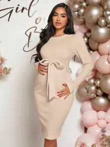 Loomaby Fall Clothes,Autumn Clothes,Maternity Autumn/Winter Clothes Maternity Solid Color Round Neck Twist Fitted Elegant Long Sleeve Dress Beige Maternity Dress Long Sleeve Maternity Dress Maternity Clothes Maternity Outfit