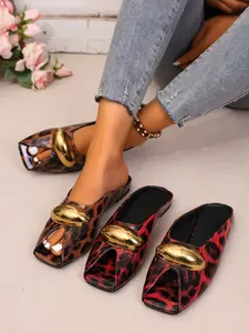 New Fashion Versatile French Retro Leopard Print Fish Mouth Mules, Women's Metal Buckle Square Toe Flat Sandals, Elegant Outdoor Half Slippers
