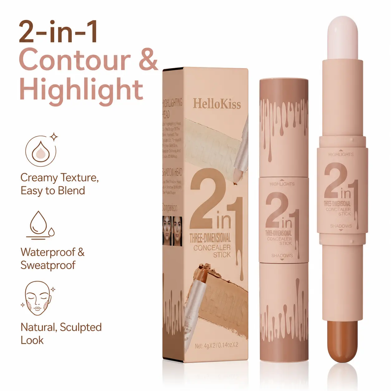 2-in-1 Cream Contour Highlighter Stick, Blendable Sculpt Bronzer Glow Stick, Natural Finish for Snatched Face Makeup, All Skin Tones, Cruelty-Free Cosmetic Beige