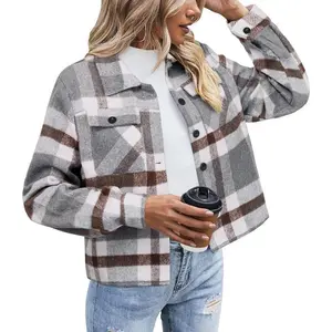 Women’s flannel cropped shacket jacket, fashion plaid button-down shirt, 2025 fall coat tops, casual winter clothing, women’s leather jacket