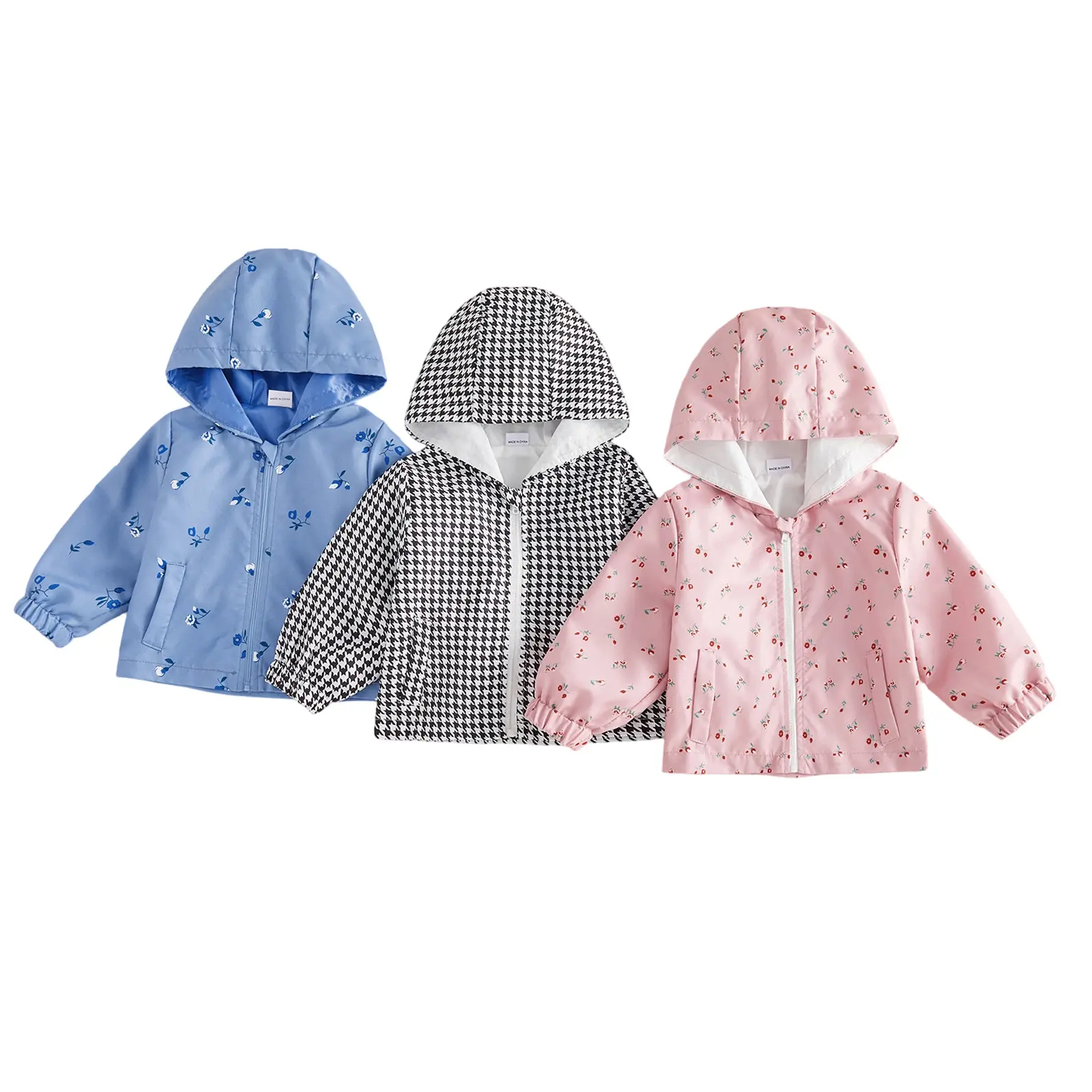Toddler Baby Little Girls Fall Outerwear Long Sleeve Hooded Floral/Houndstooth Print Warm Zipper Jacket with Pockets 6M-4T
